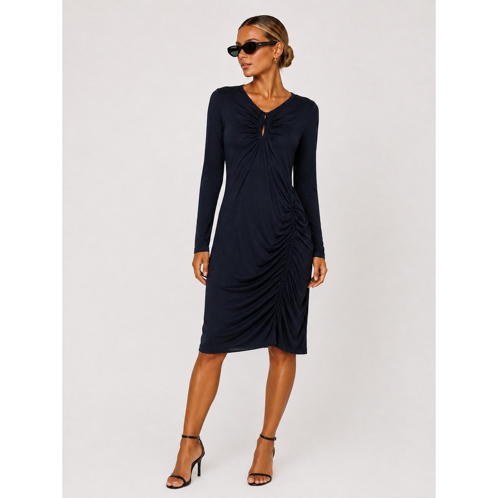 Bailey/44 Navy Blue Ruched Midi Business Casual Dress Long Sleeve Keyhole XS